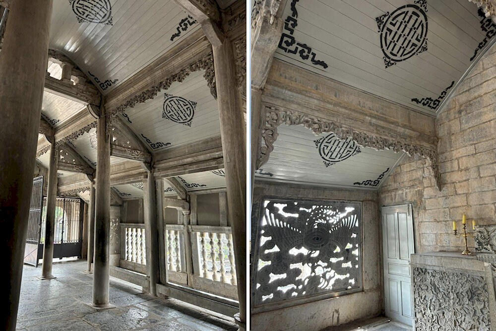 The sturdy columns and intricately carved vaulted roof highlight the harmony between Eastern and Western architectural styles